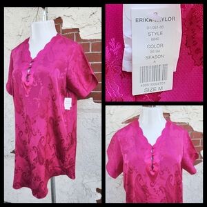 New MEDIUM Erika Taylor Satin Paisley Pink Nightgown Sleep Dress Short Sleeve
